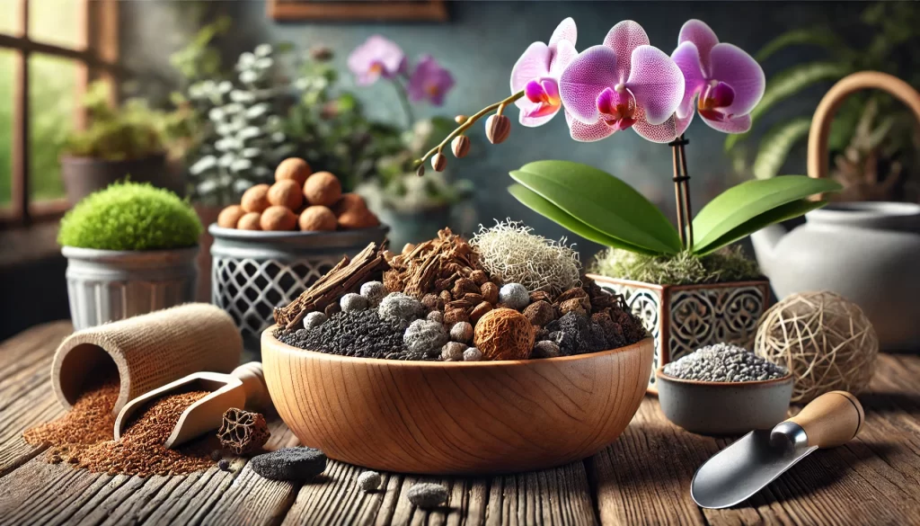 A variety of orchid potting mix ingredients, including pine bark, sphagnum moss, perlite, and charcoal, displayed in a wooden bowl.