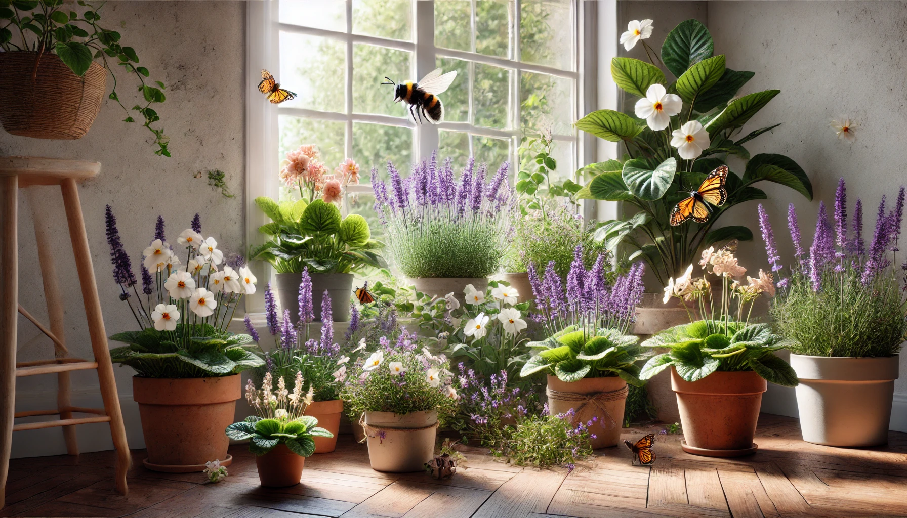 An indoor garden filled with pollinator-friendly flowers such as lavender and jasmine, positioned near a bright window to attract bees and butterflies.