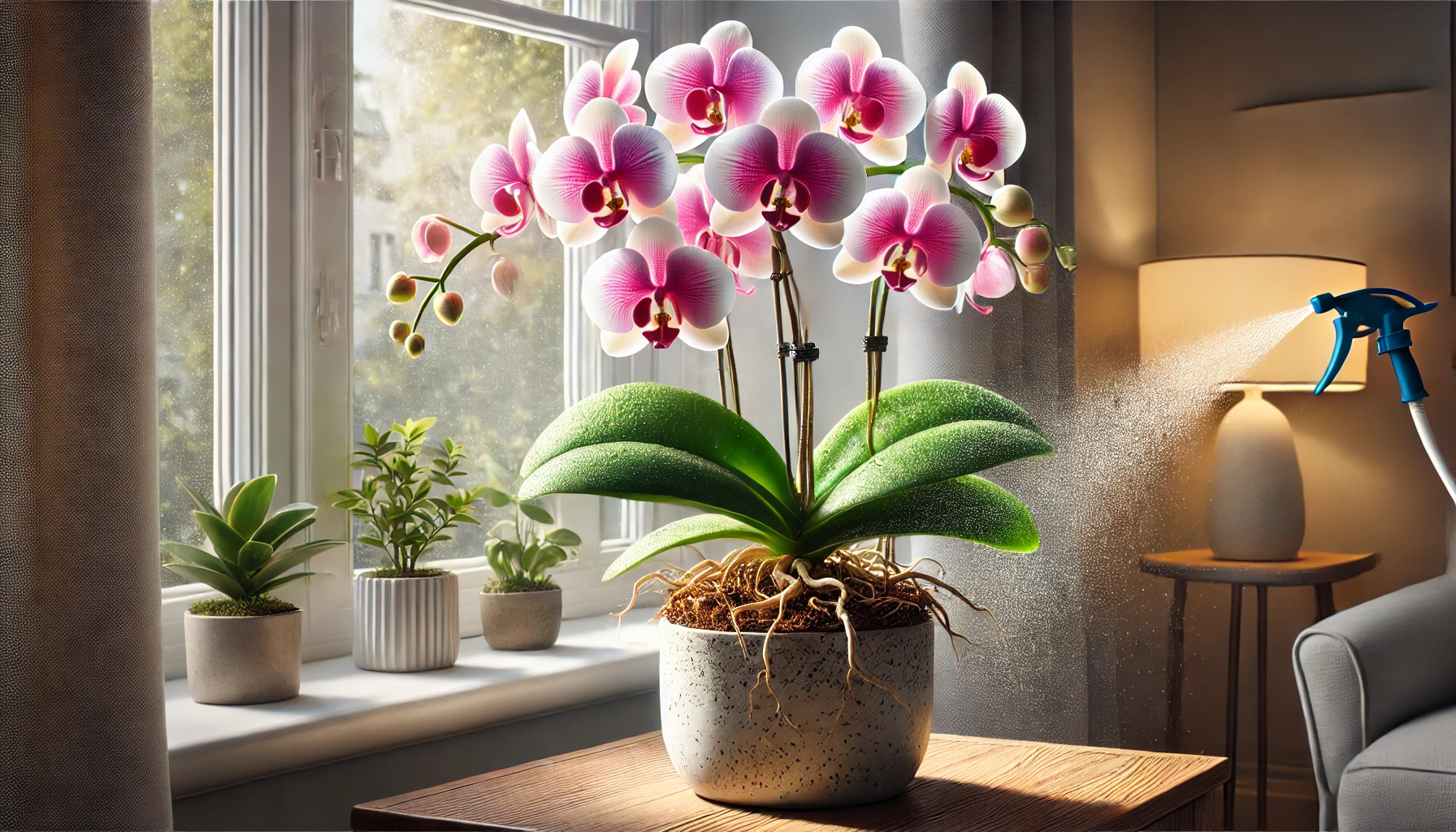 A vibrant Phalaenopsis orchid in a decorative pot, placed near a window with soft natural light, showing proper orchid care.