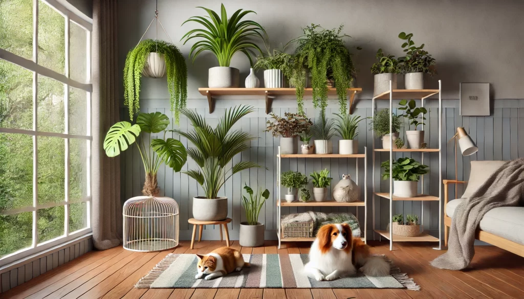 A cozy indoor space featuring pet-friendly plants like spider plant, parlor palm, and Boston fern, placed safely around a pet-friendly home.