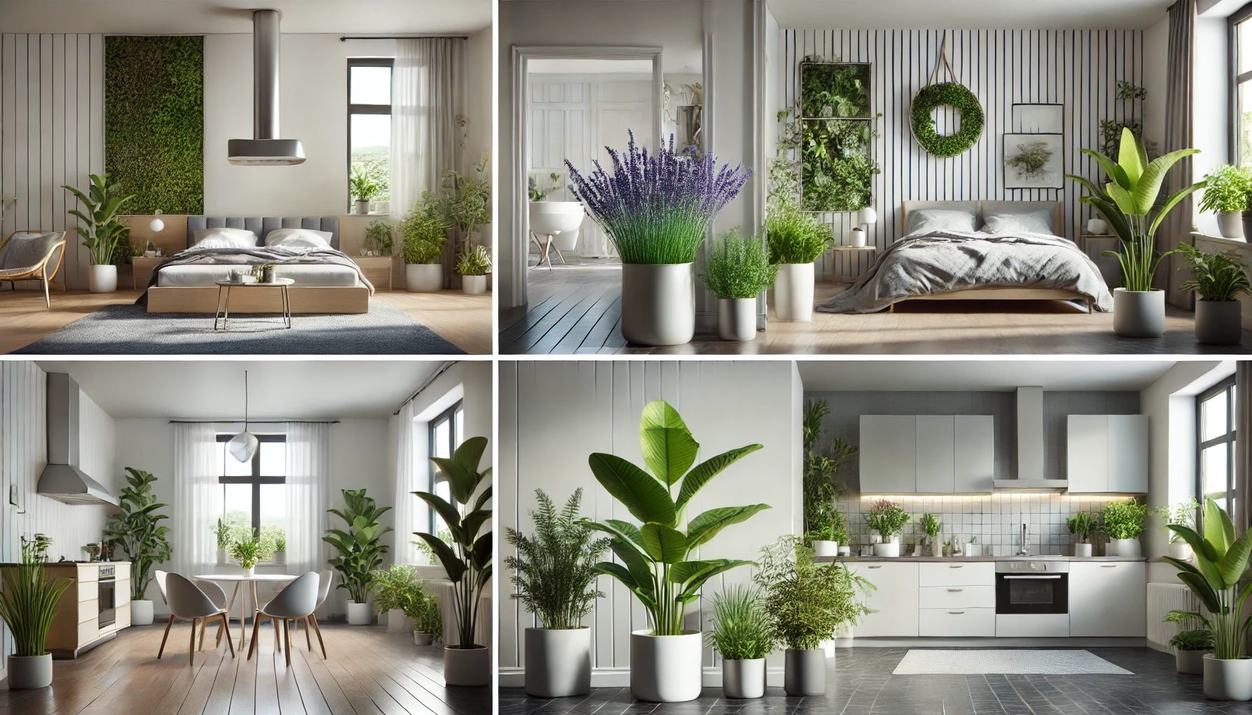 A modern home with different indoor plants carefully placed in each room, including a bedroom with lavender, a kitchen with basil, and a bathroom with ferns.