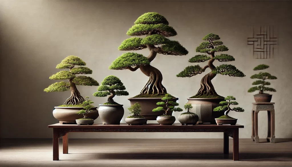 Carefully chosen bonsai pots displaying different styles and tree types