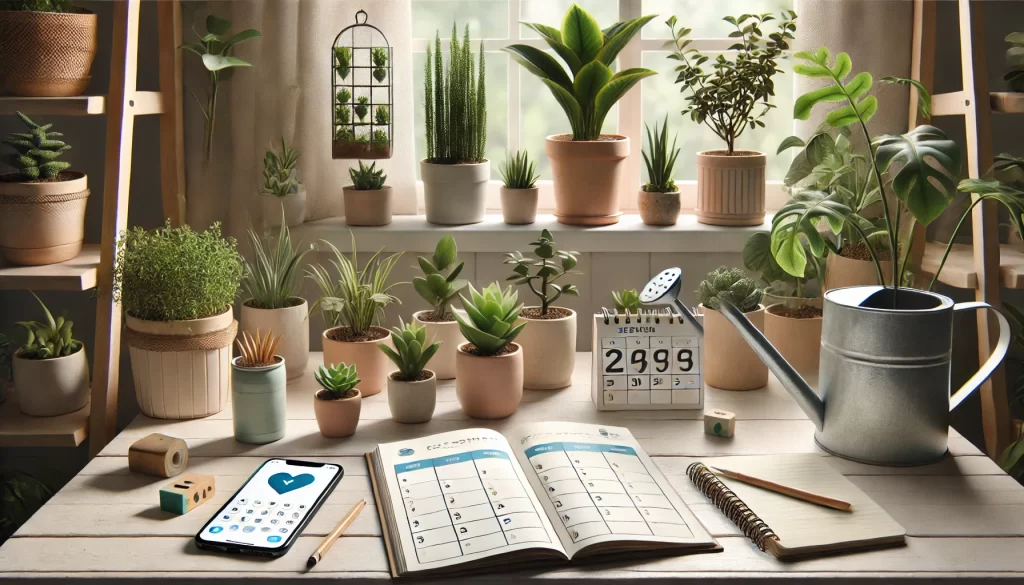 A tidy workspace with a plant care calendar, houseplants, and tools like a watering can and notebook.