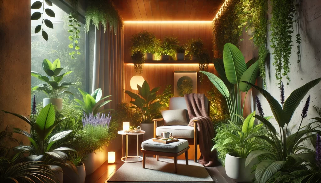 A beautifully arranged relaxing green space with soft lighting, comfortable seating, and lush indoor plants such as lavender, peace lily, and pothos. The ambiance is calm and inviting, perfect for meditation and relaxation.