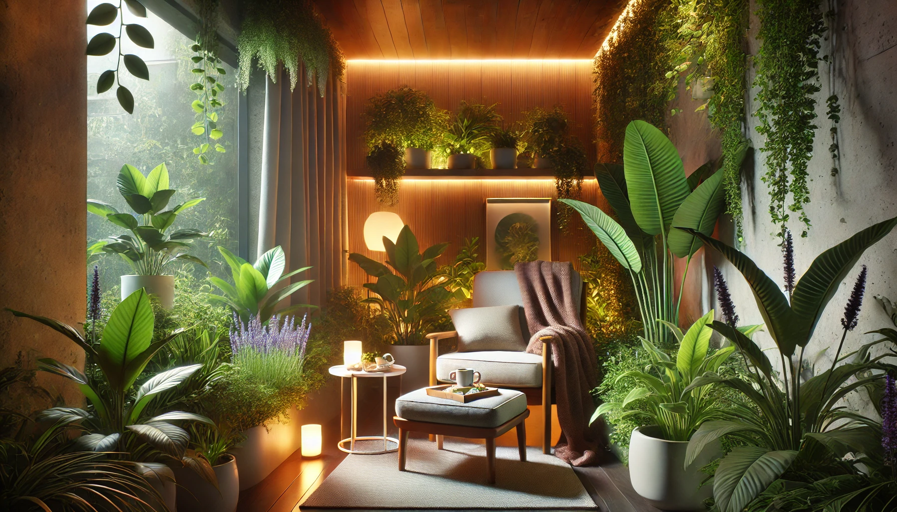 A beautifully arranged relaxing green space with soft lighting, comfortable seating, and lush indoor plants such as lavender, peace lily, and pothos. The ambiance is calm and inviting, perfect for meditation and relaxation.