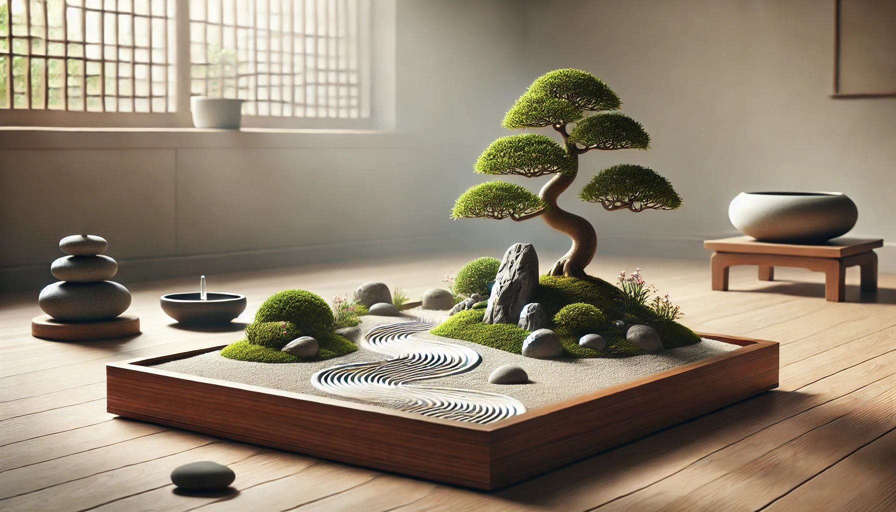 A peaceful Zen indoor garden featuring a bonsai tree, carefully arranged stones, and raked sand patterns, creating a calming meditation space.