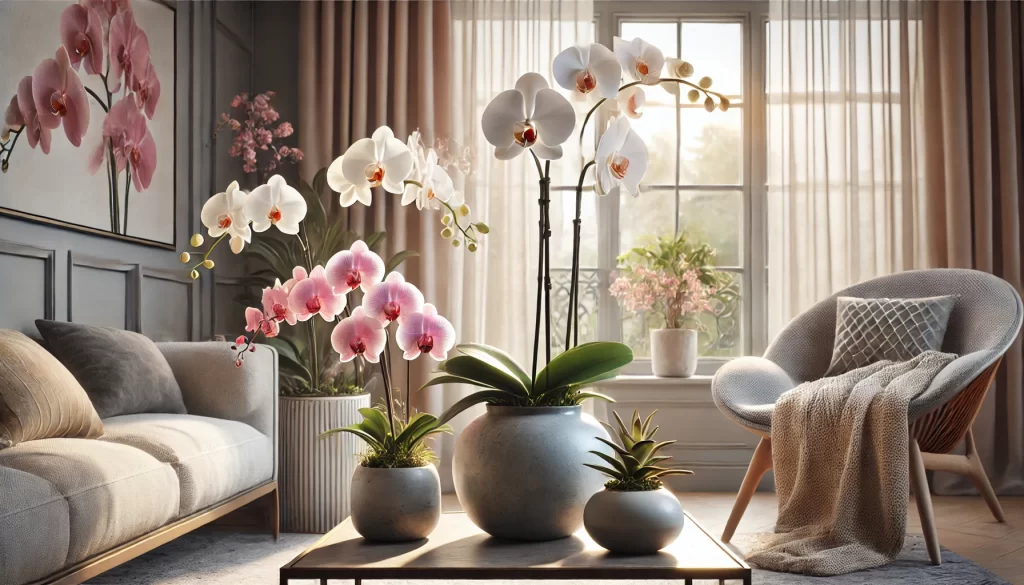 A beautifully styled living room with orchids in ceramic and glass pots placed on tables and window ledges