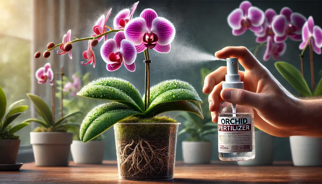 A close-up of a Phalaenopsis orchid being fertilized with a gentle mist, showing the correct way to nourish orchids for maximum blooms.
