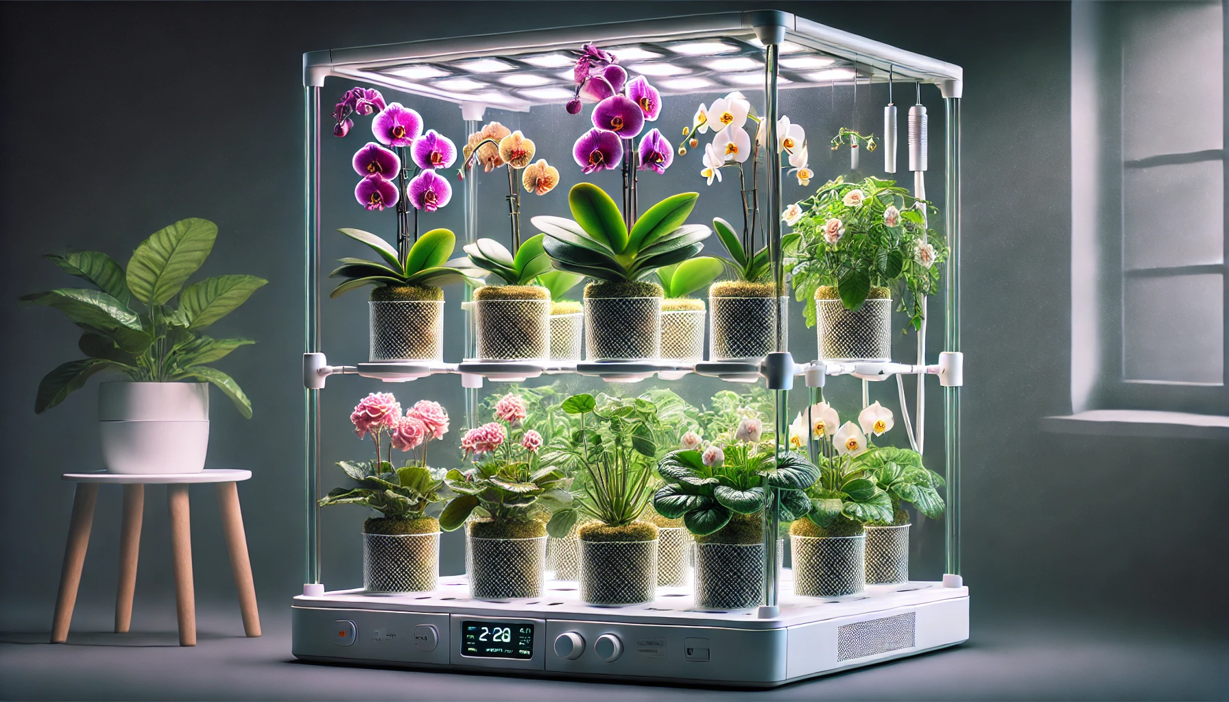 A modern indoor hydroponic system designed for growing flowering plants, featuring orchids, African violets, and jasmine in a well-lit setup with nutrient-rich water."