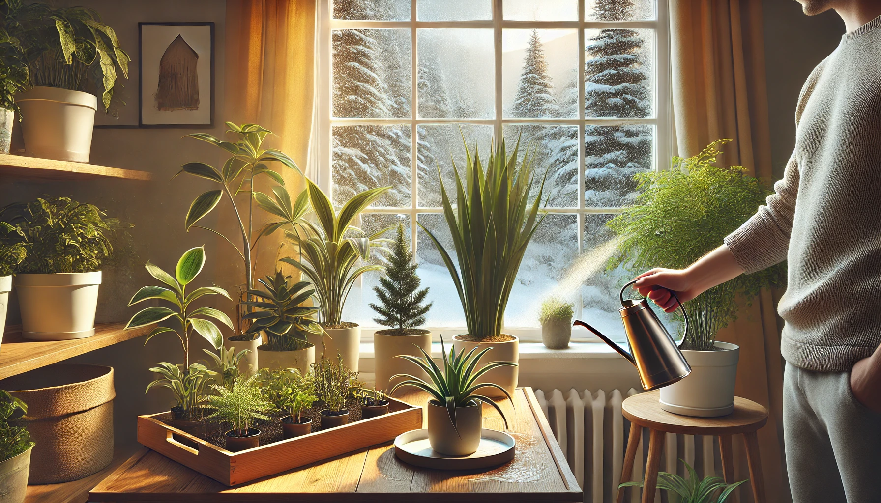 A cozy indoor winter setting with healthy houseplants placed near a bright window. A person is gently misting a plant while others sit on a humidity tray. The warm indoor environment helps protect plants from the cold season