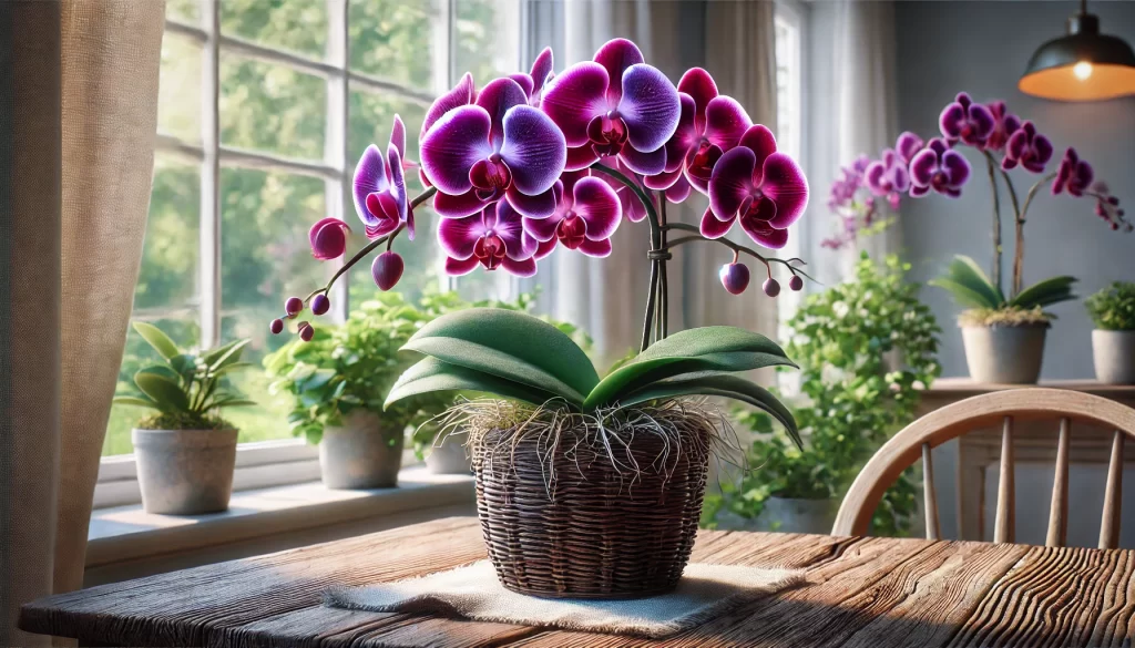 A vibrant Phalaenopsis orchid with fresh blooms in a decorative pot, placed near a window with optimal lighting for faster flowering.