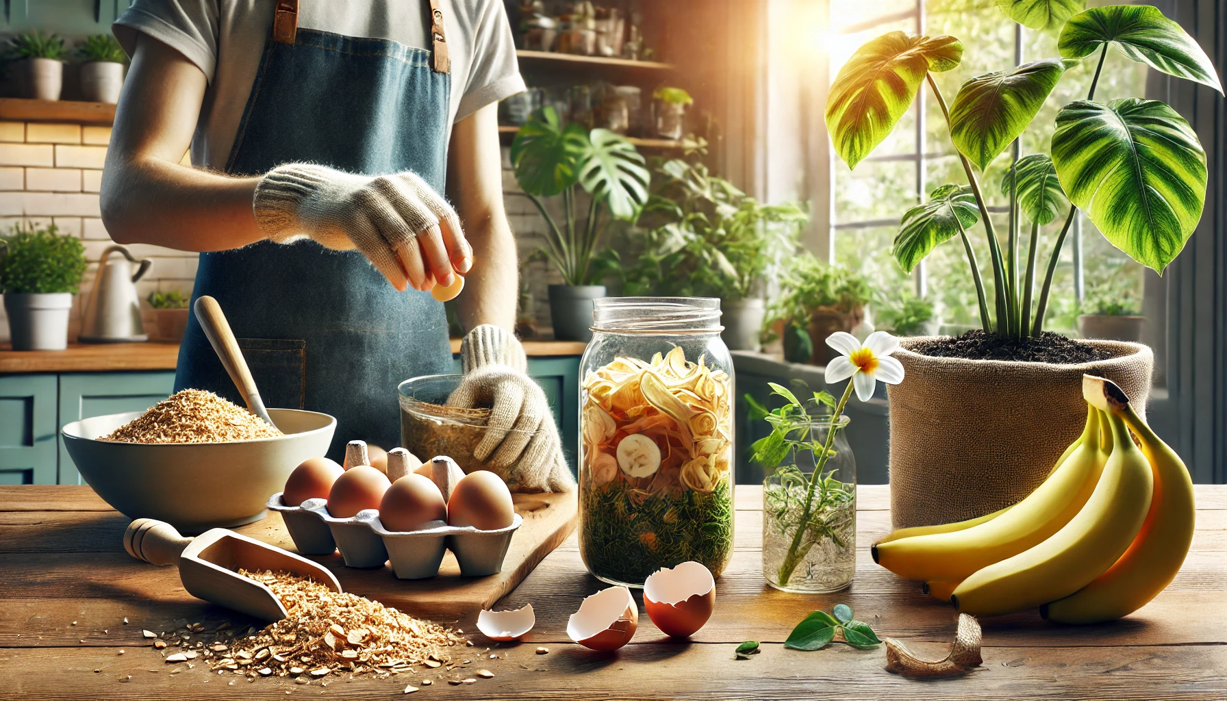 A person preparing DIY organic fertilizers for indoor plants, including crushed eggshells, banana peels, and compost tea in a glass jar. Nearby, a lush houseplant thrives in fresh soil, highlighting the benefits of natural fertilization methods.