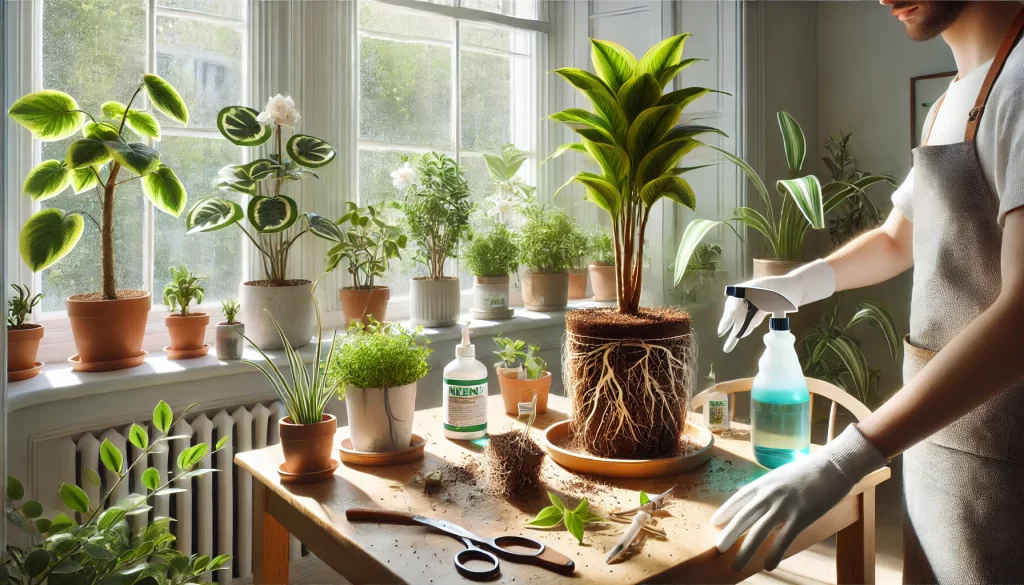 A well-lit room with indoor plants being treated for disease, including one being repotted due to root rot and another being sprayed with neem oil