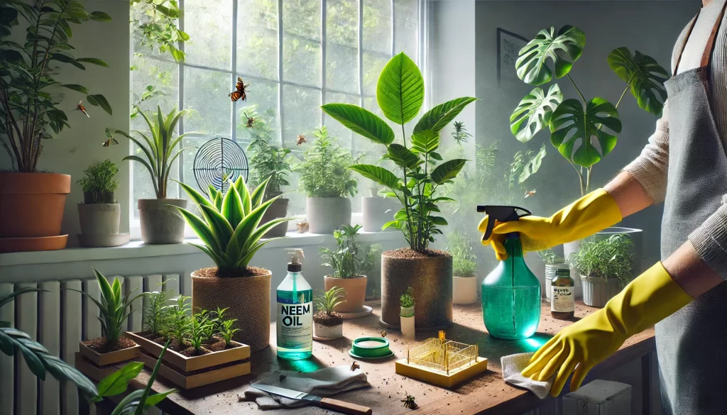 A bright indoor space with several houseplants, one being treated for pests with neem oil spray while another has sticky traps placed nearby.