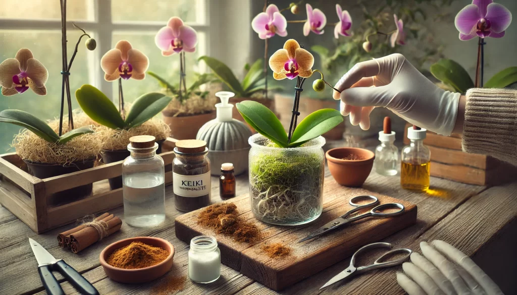 Close-up of orchid propagation tools and baby orchids being planted in moss and bark