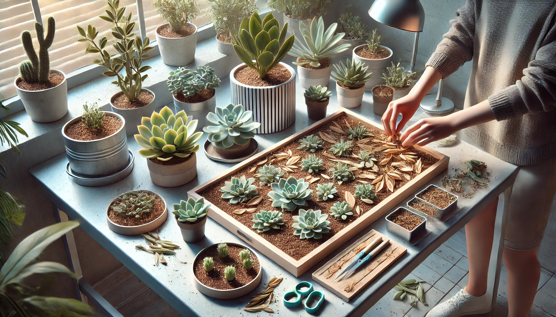 A step-by-step indoor setup for propagating succulents, including leaf cuttings, stem cuttings, and offset separation, displayed in a well-lit home environment.