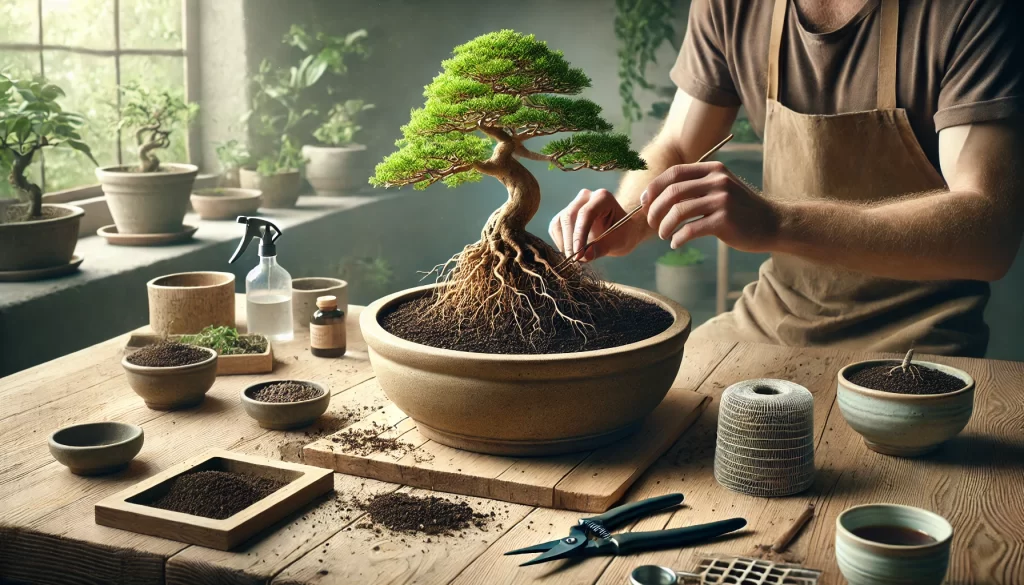 Bonsai tree being repotted carefully with roots exposed and trimmed