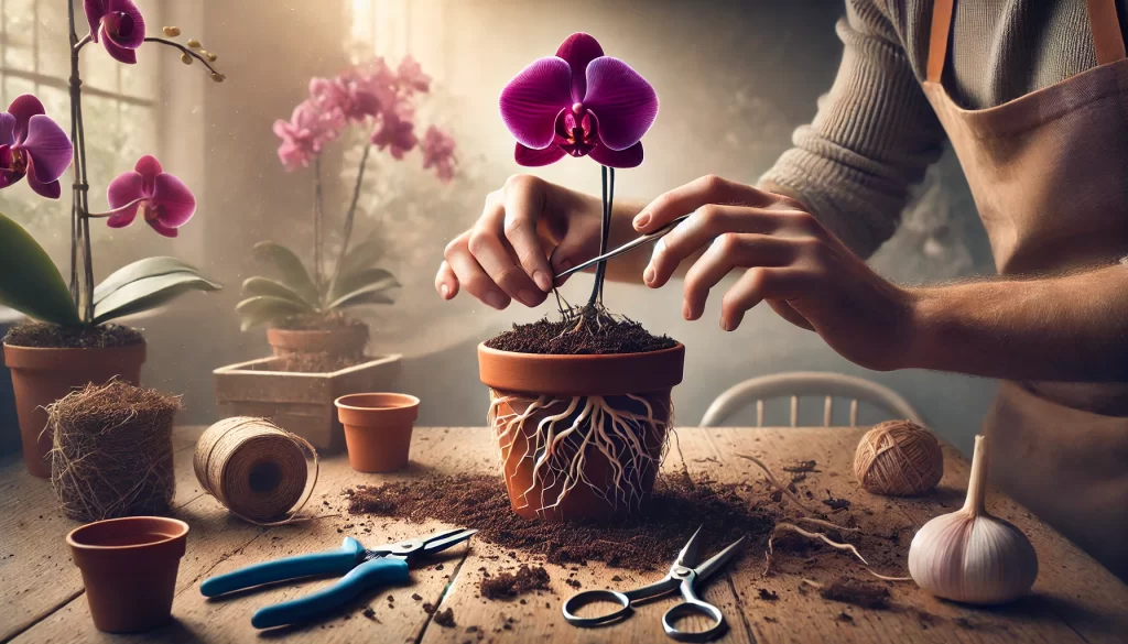A vibrant purple orchid being repotted into a breathable clay pot with fresh bark-based potting mix.