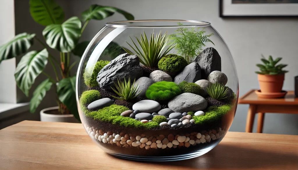 A beautifully designed indoor terrarium featuring layered soil, moss, ferns, and decorative stones inside a glass container.
