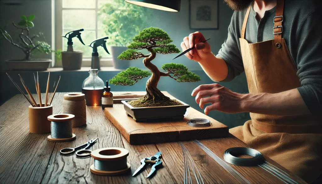 Bonsai artist styling a tree with wire and shears for optimal shape