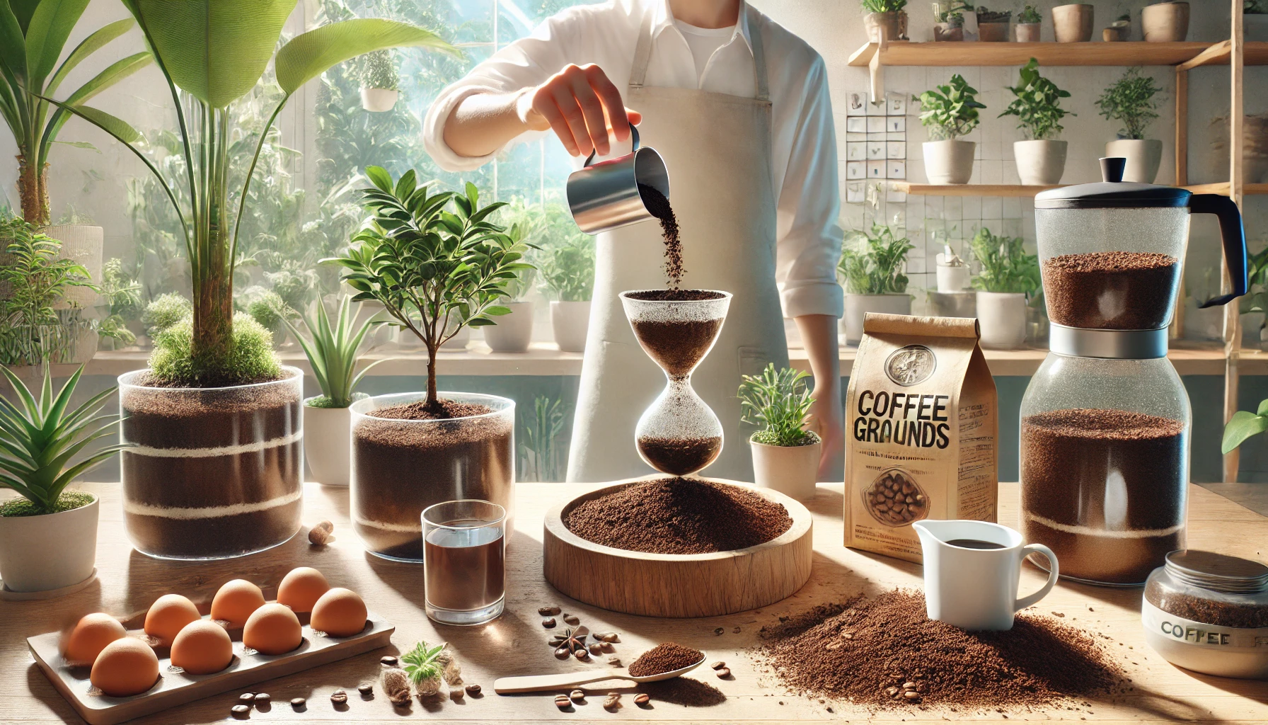 A person preparing coffee grounds as organic fertilizer for indoor plants. Various methods are shown, including mixing with soil, making liquid fertilizer, and composting." ✅ Image Caption: "How to use coffee grounds as a natural fertilizer for indoor plants