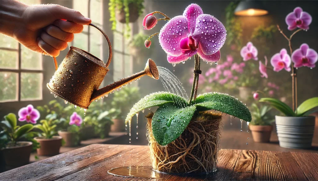 A close-up of an orchid being watered with a gentle stream, ensuring proper hydration without overwatering.