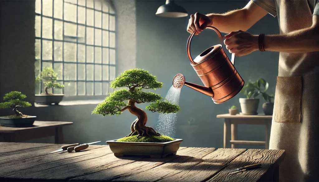 Close-up of hands carefully watering a bonsai tree with a fine-nozzle can