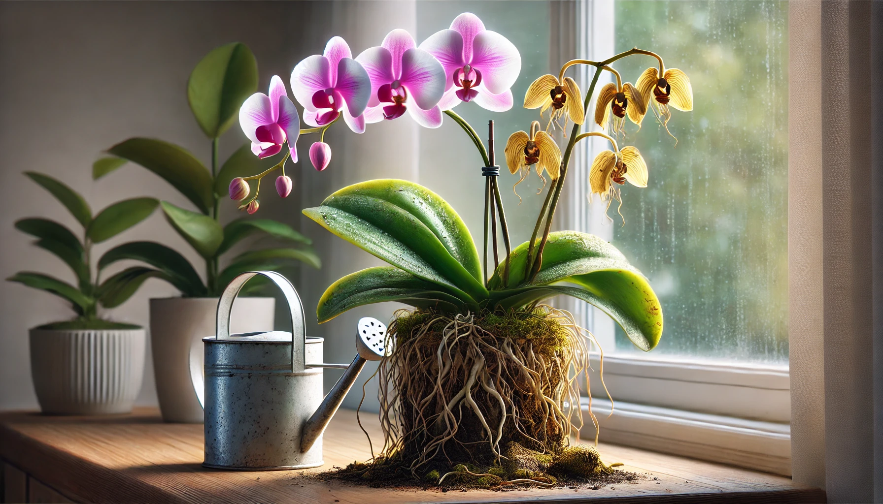 A close-up of a healthy orchid in a decorative pot, showing proper care techniques to avoid common mistakes.