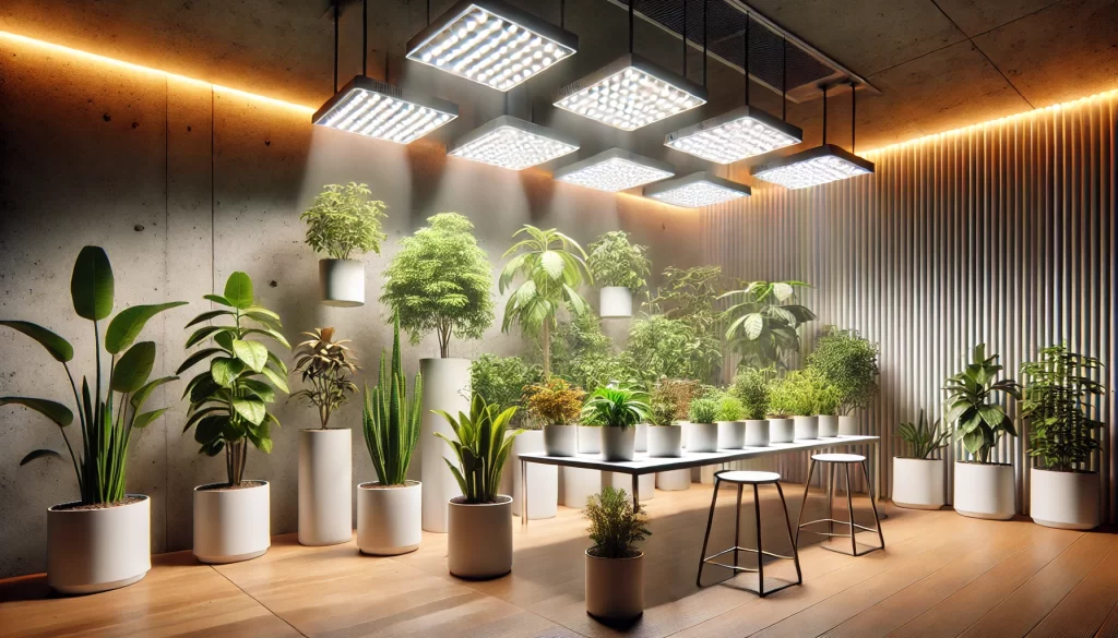 A well-organized indoor plant setup with LED grow lights positioned above various houseplants, providing optimal lighting for growth