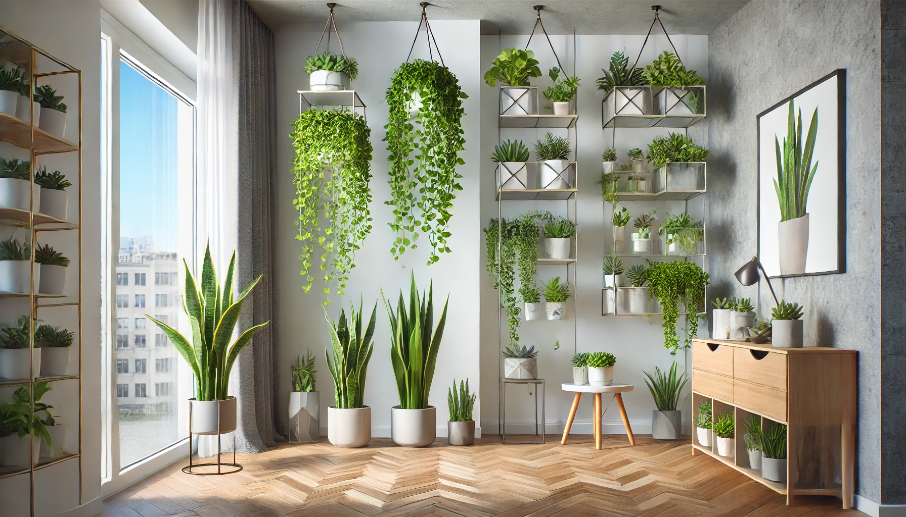 A modern small apartment decorated with space-saving indoor plants, including hanging pothos, a compact snake plant, and a stylish stackable plant stand. The setup enhances greenery without cluttering the space