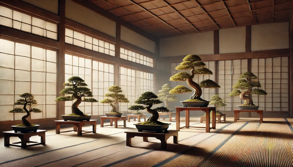 A serene bonsai display symbolizing balance and harmony in Japanese tradition