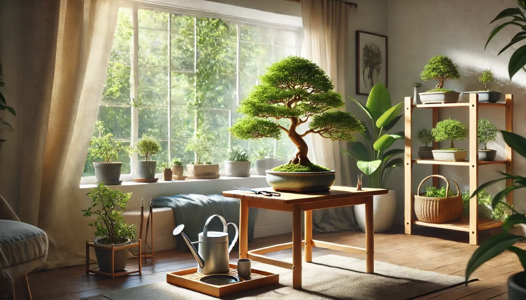 Indoor bonsai tree placed near a window with proper care tools