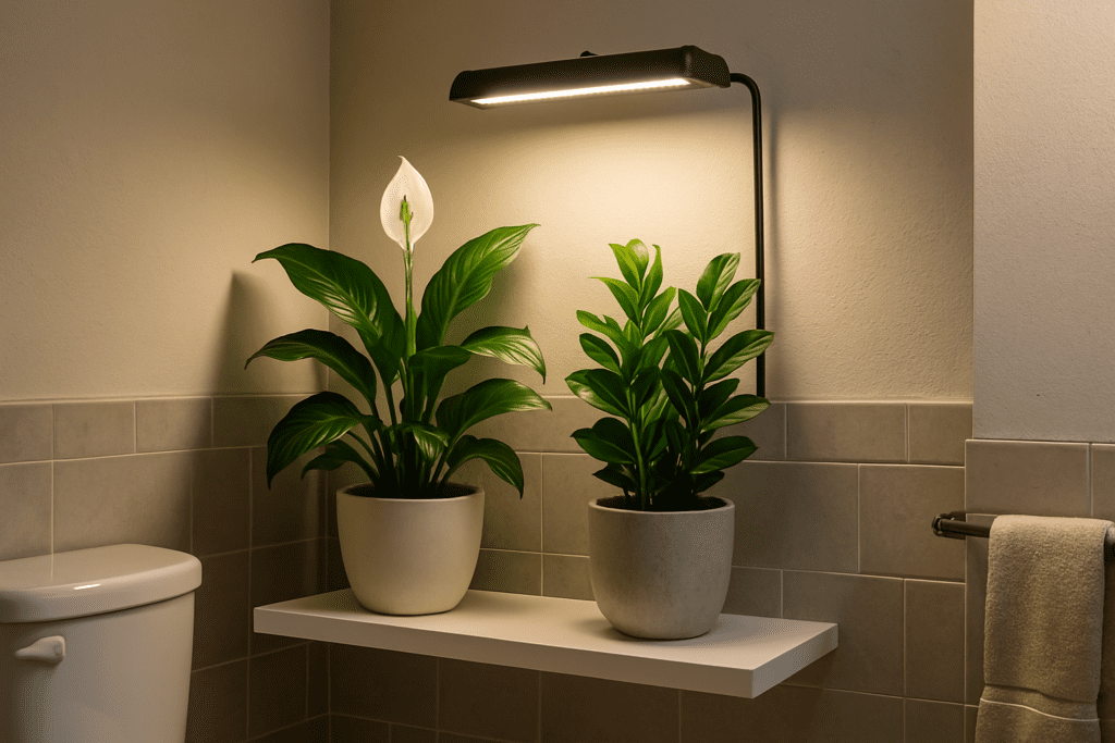 Peace lily and ZZ plant growing under LED lights in a cozy, windowless bathroom