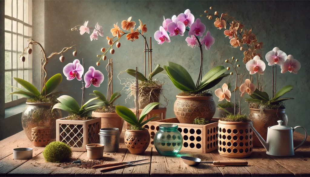 A variety of orchid pots including plastic, clay, and ceramic types, displayed with blooming orchids