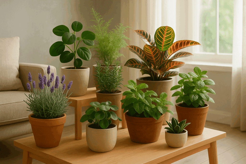 Sensory indoor plant display with fragrant herbs, textured foliage, and colorful leaves
