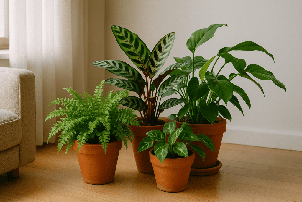 Alt text: Companion planting with ferns, calatheas, and pothos grouped together in a cozy indoor setting