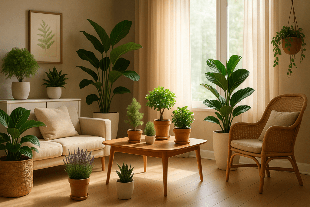 Recycled indoor plant display using tin cans, glass jars, and a wooden crate in a cozy room