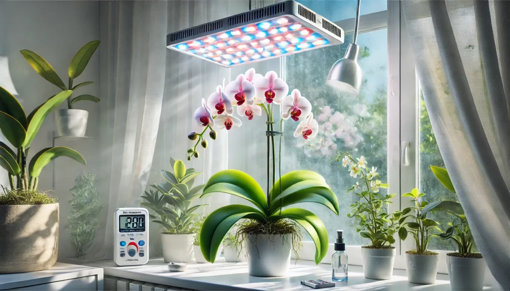 Orchid placed near a bright window with filtered sunlight and grow lights above it