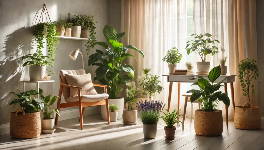 A peaceful living room filled with houseplants near a window, including a peace lily, pothos, and lavender, creating a soothing atmosphere.