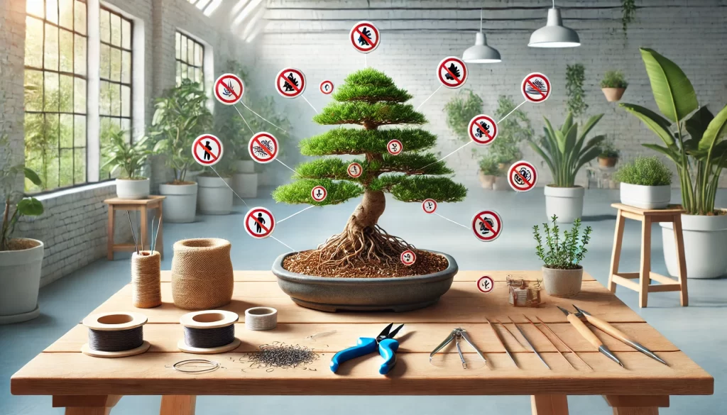 A bonsai tree surrounded by care tools with red warning signs highlighting common mistakes