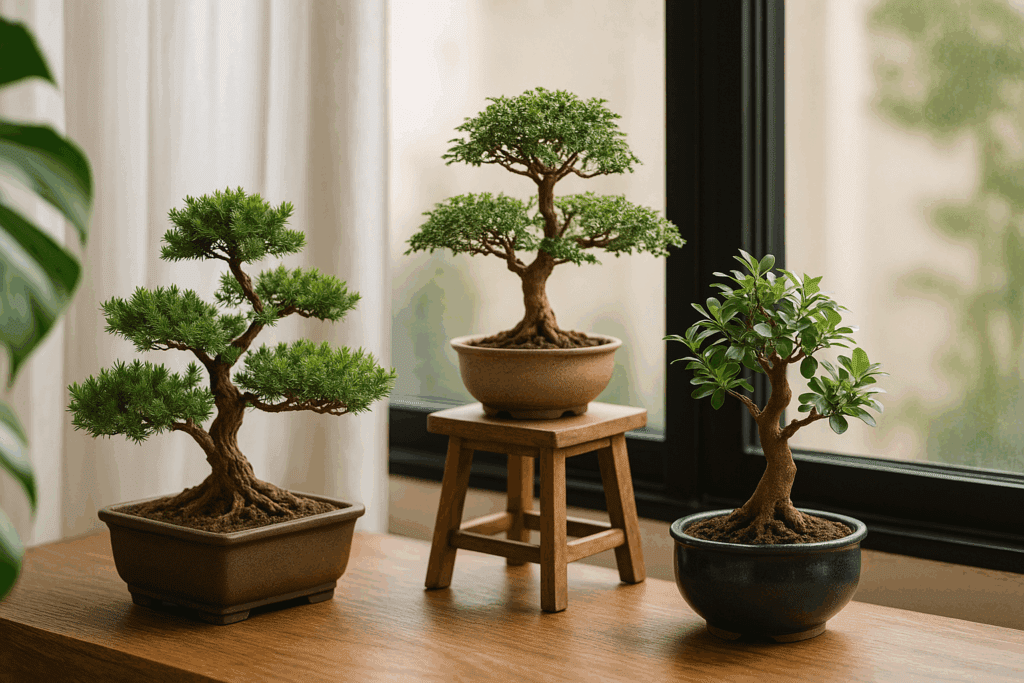 Three indoor bonsai trees positioned near a large black-framed window, bathed in soft natural light.