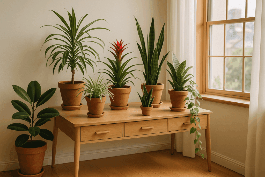 A warm, sunlit shelf displays a collection of rare indoor plants like Alocasia, Philodendron, and Caladium in terracotta pots.