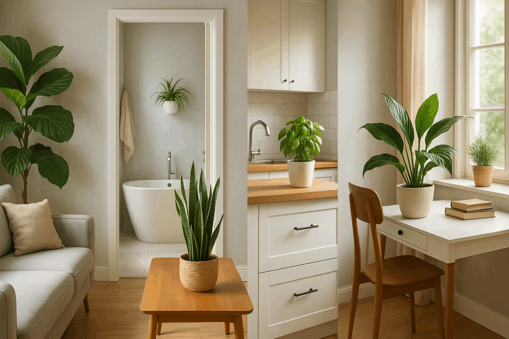 A cozy modern home with different houseplants in each room corner.