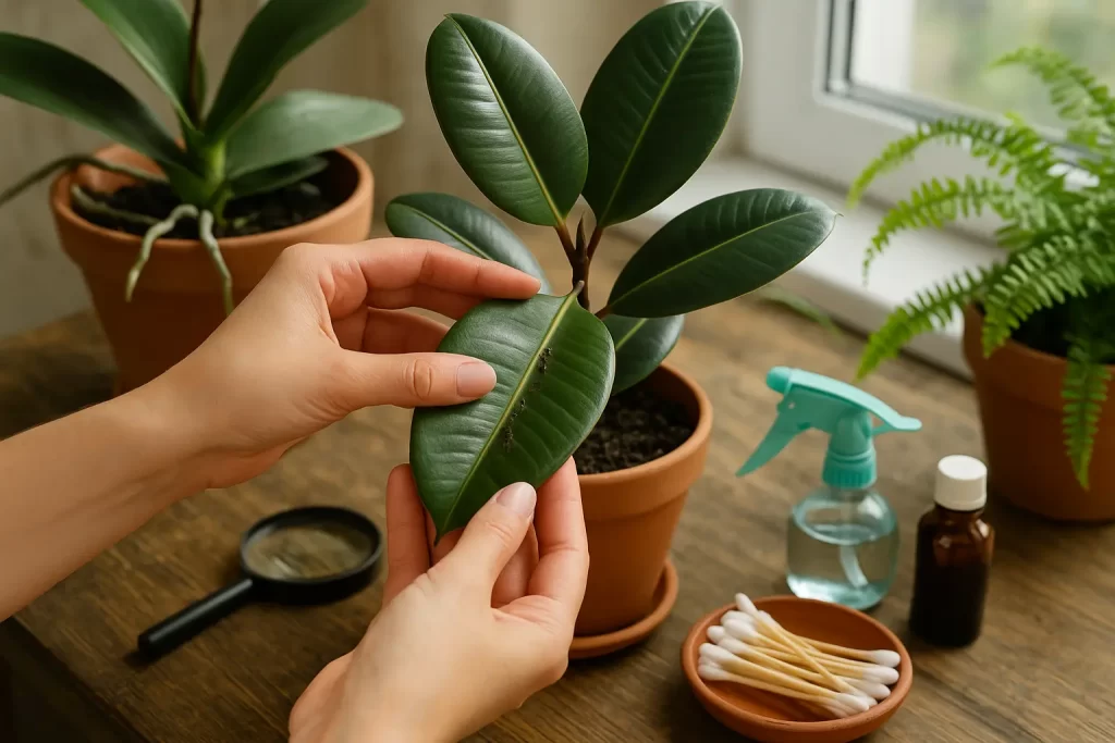 Hands inspecting the leaves of a rubber plant for pests beside cotton swabs, a spray bottle, and other tools on a wooden table.