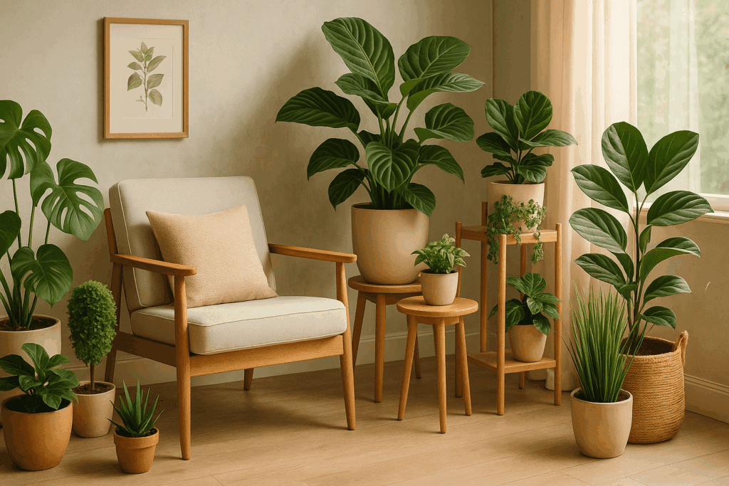 Indoor plant corner with mirrors reflecting sunlight onto houseplants