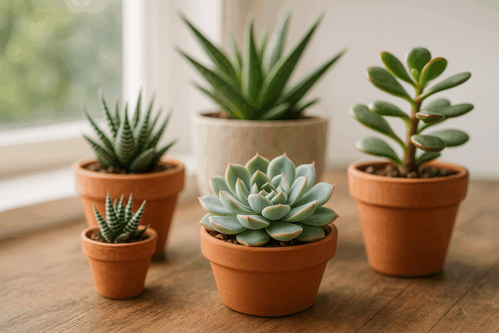 A variety of colorful succulents in ceramic pots arranged on a sunlit windowsill, ideal for busy indoor gardeners.