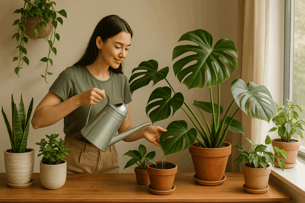 Close-up of a person watering a potted indoor plant using a small metal watering can, with natural sunlight streaming through a nearby window.